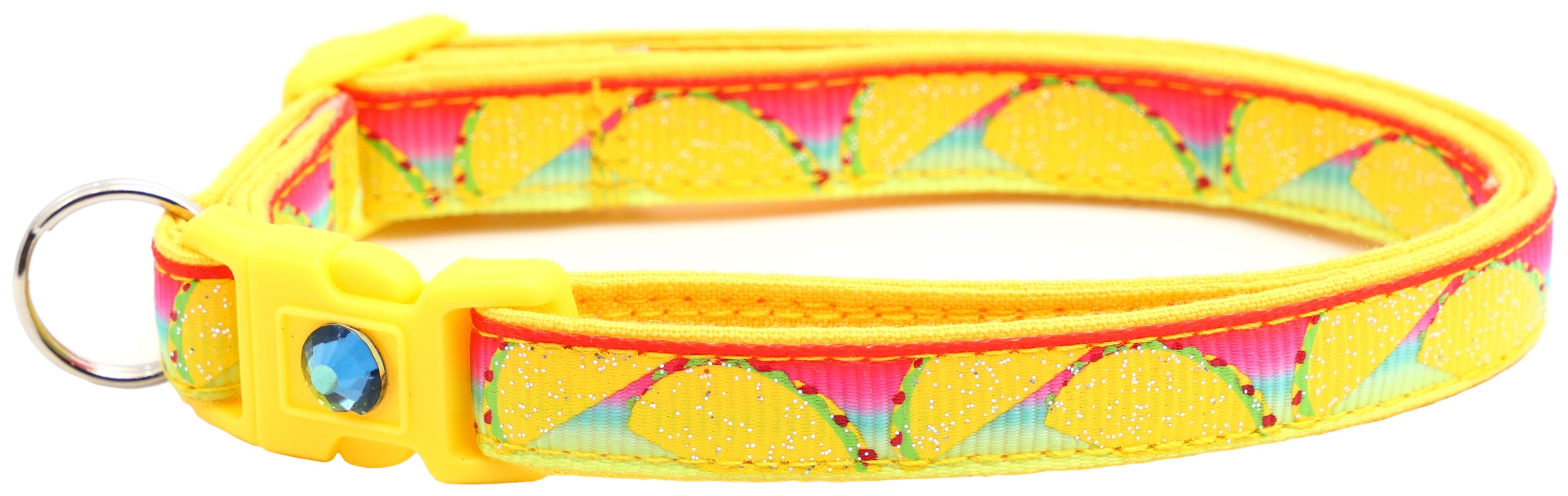 Handmade Taco Breakaway Cat Collar in reinforced cotton with breakaway clips and customizable features.
